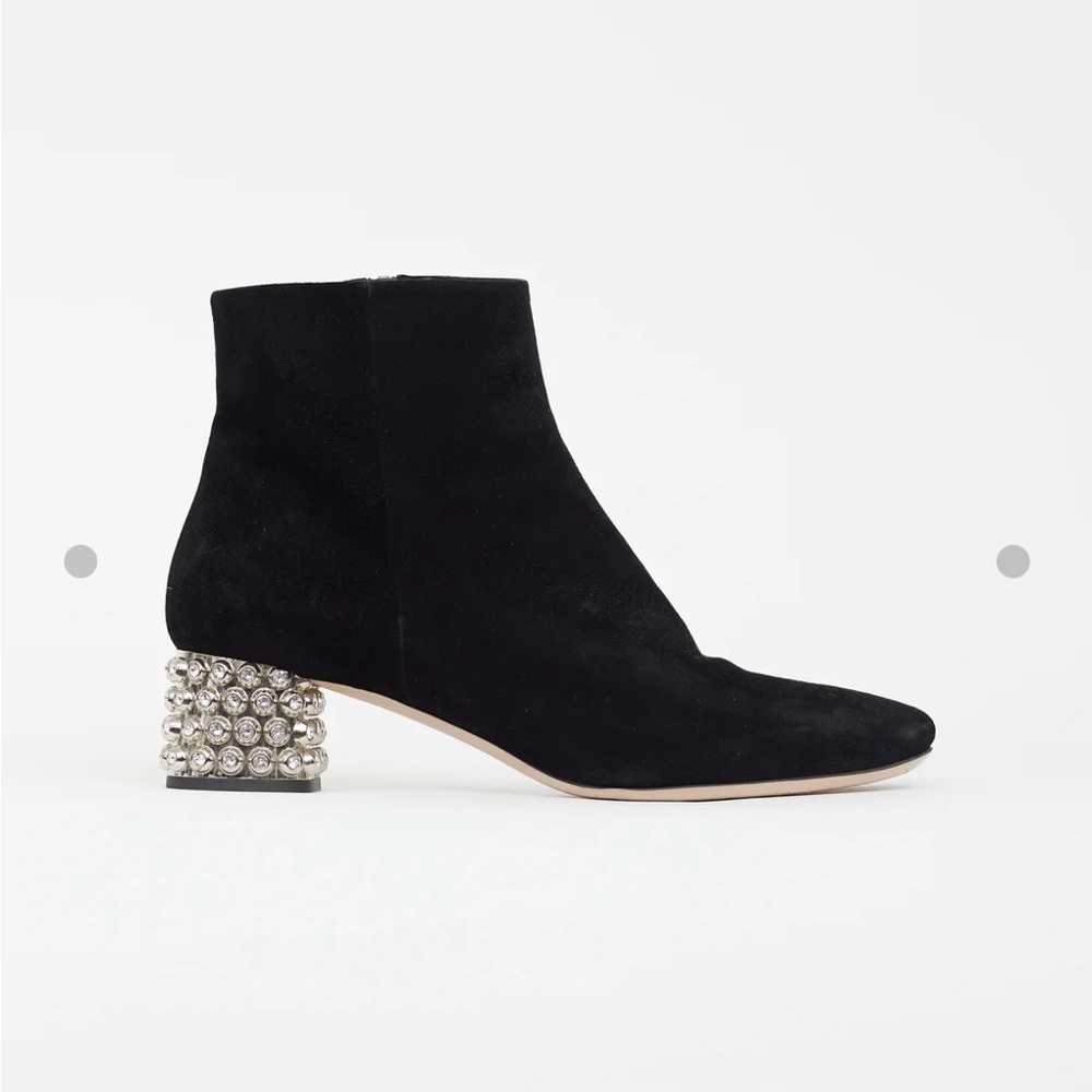 Miu Miu Black Suede & Crystal Embellished Heel Boots